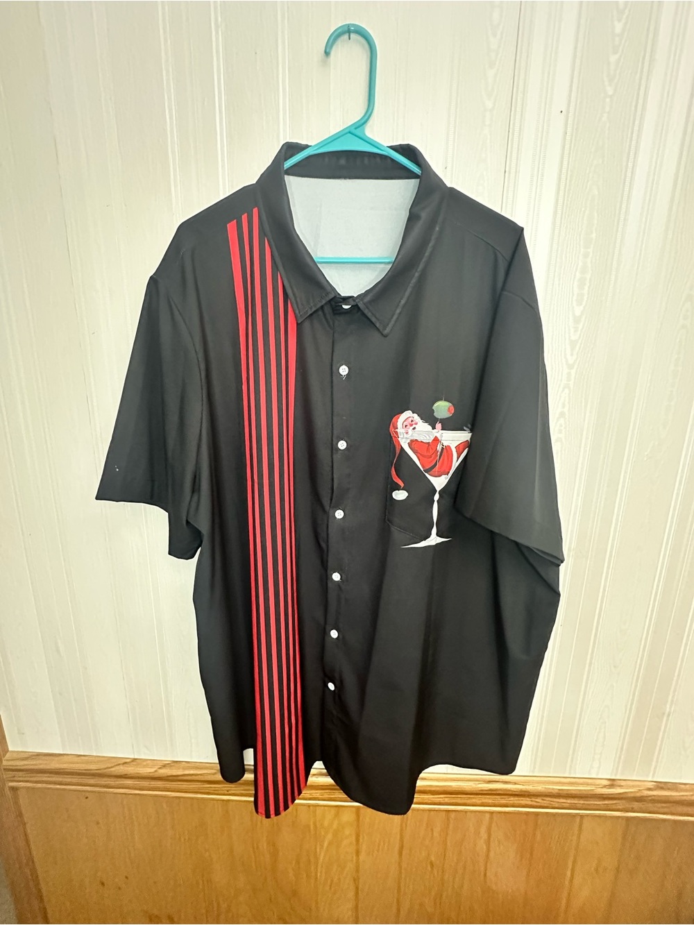Santa Claus Black Short-Sleeve Button-Up with Red Stripe and Cocktail Motif